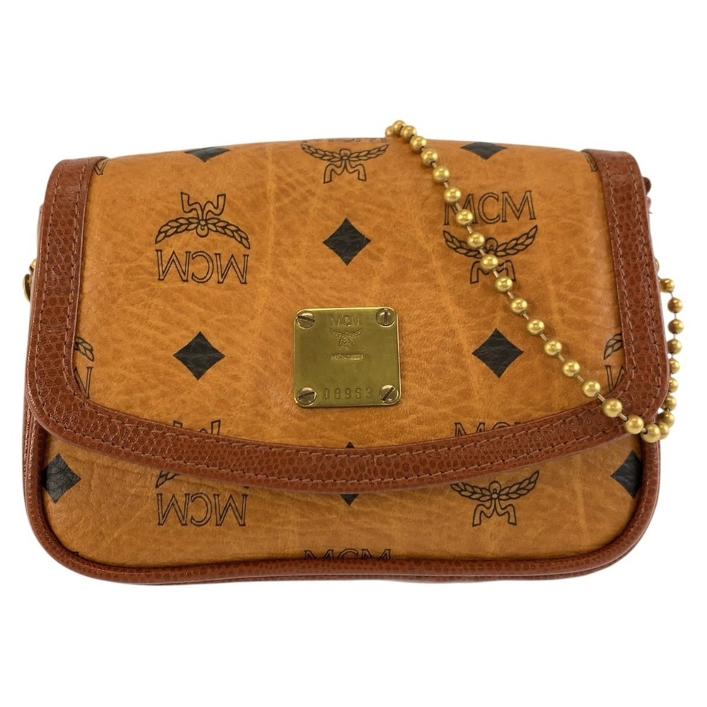 MCM Vintage Visetos Brown Gold Hardware Chain Shoulder Bag Pouch for Women